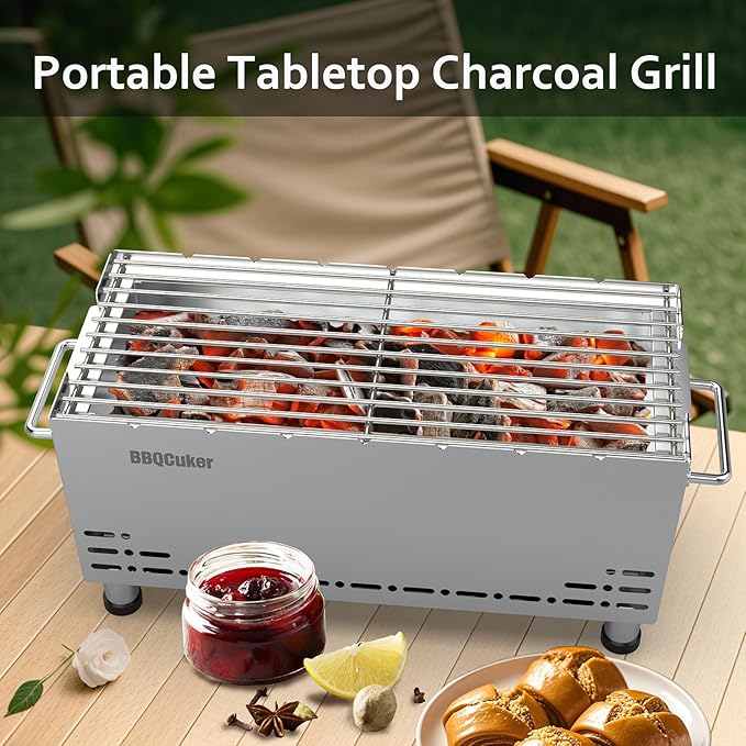 BBQCuker Portable Charcoal Grill,Heavy-Duty Stainless Steel Small BBQ Grill with Double-Layer Insulation Design,170 Sq. In. cooking Area,Tabletop Grill with Travel Bag for Outdoor Camping and Picnic
