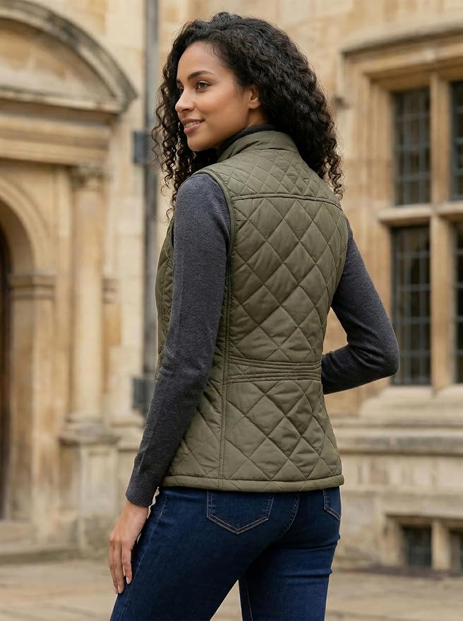 Fuinloth Women's Quilted Vest Lightweight Puffer Stand Collar Zip Gilet | 4 pockets with 2 inner storage. Quilted padded warm gilet. Fall winter outerwear layering vest for travel hiking daily wear.