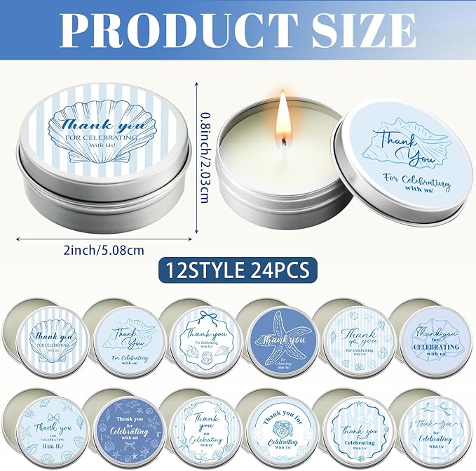 Treela 24 Pcs Coastal Candles Favors Blue Bow Starfish Seashell Scented Candle Tins with Lids Coquette Ocean Gifts for Summer Beach Wedding Bridal Baby Shower Party Favors Decorations