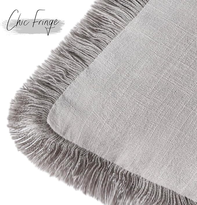 Foindtower Set of 2 Decorative Linen Fringe Throw Pillow Covers Cozy Farmhouse Cushion Cover with Tassels Accent Pillowcase for Couch Chair Sofa Bed Living Room Home Decor,18×18 Inch,Light Rustic Gray