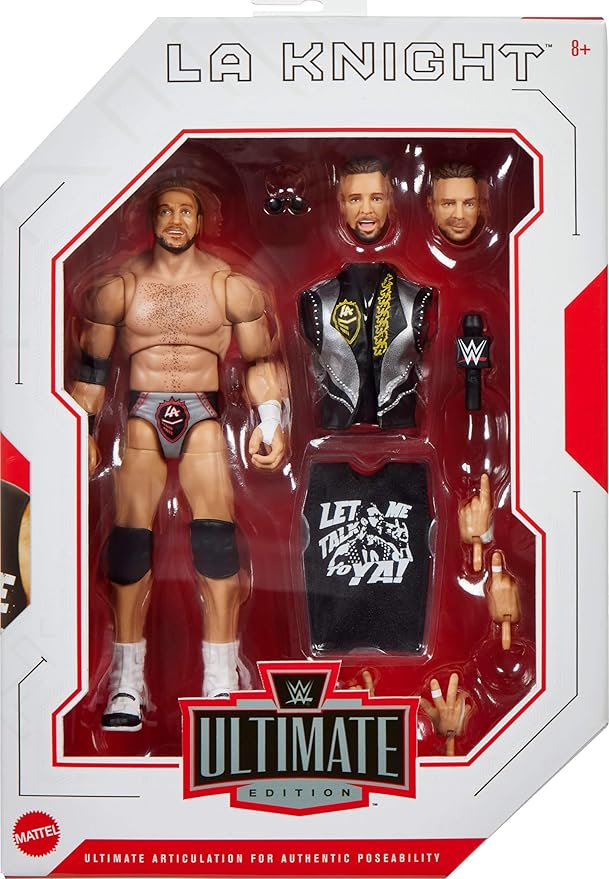 Mattel WWE Ultimate Edition Action Figure & Accessories, 6-inch LA Knight Collectible Set, Swappable Heads & Hands, 30 Articulation Points