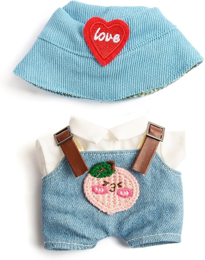 3-Piece Doll Clothes for Labubu & 17cm Dolls – Stylish Fisherman Hat Set, Kawaii Doll Outfits with Accessories for Collectors or Display - Blue Peach (No Dolls)
