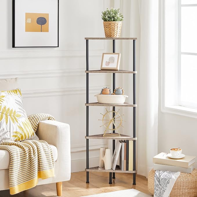 HOOBRO Corner Shelf Stand, Industrial 5-Tier Corner Bookshelf with Metal Frame, Corner Shelf Stand Display Plant Flower, Corner Bookcase for Small Spaces, Living Room, Greige and Black BG33CJ01