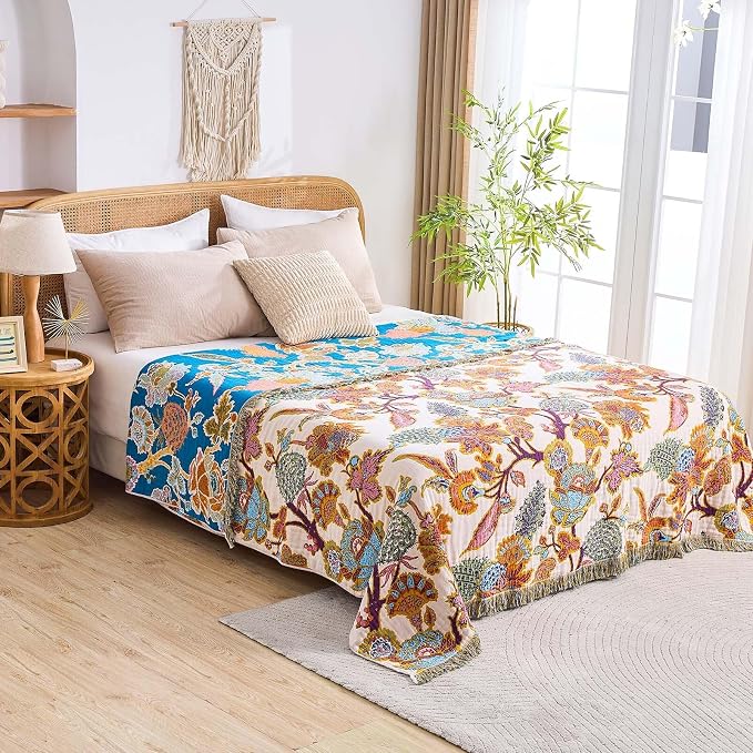 XIBLC Boho Throw Blanket for Bed, 100% Cotton Soft Rustic Quilt Fall Blanket, 80"x90" Floral Printed Farmhouse Decor Bed Blankets, All Season Rustic Reversible Bohemian Throw Quilt