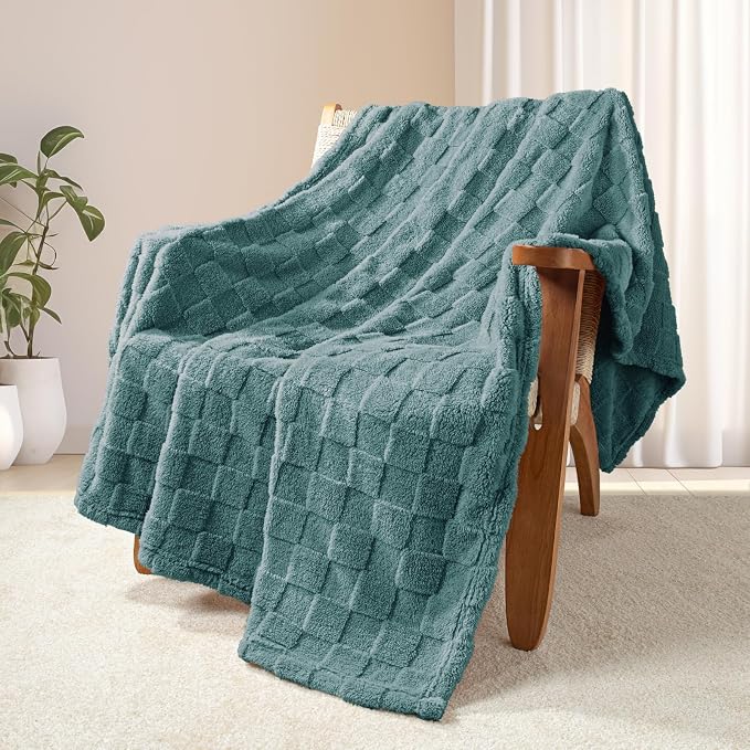 Exclusivo Mezcla 3D Checkered Fleece Throw Blanket for Couch, Celadon | Super Soft and Cozy Fluffy Throw, Lightweight and Breathable, Cute Fuzzy Blanket for Sofa, Home Decor, All Season, 50"x60"