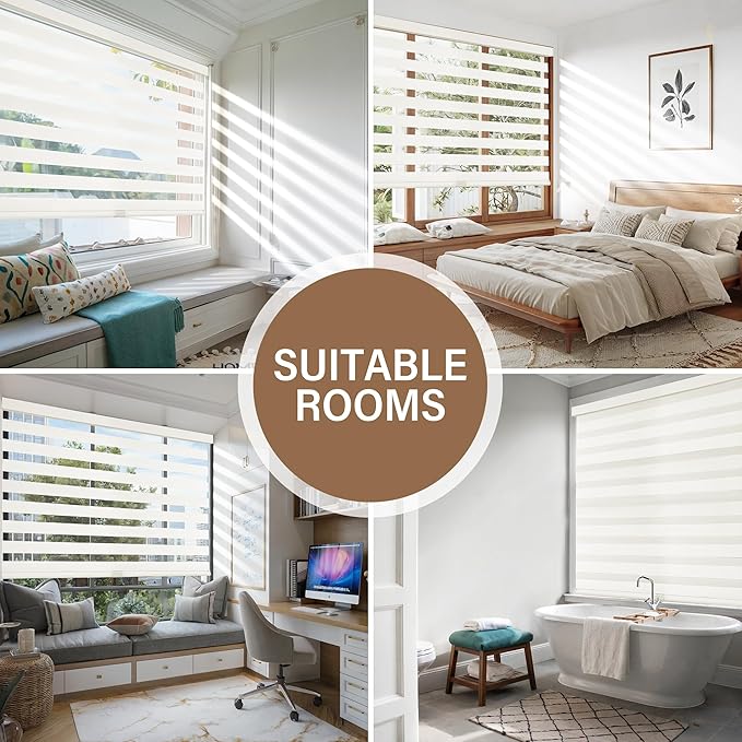 AOSKY Cordless Zebra Blinds for Windows Pull Down Roller Window Shades Dual Layer Light Filtering Privacy for Day and Night, Free-Stop Door Shades for Home Easy to Install (32" W X 72" H, Beige)