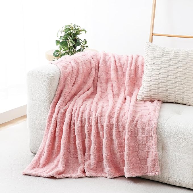 Light Pink Fleece Throw Blanket 60”×80”Checkered Design for Couch | Super Soft Cozy Plush Microfiber 3D Square Pattern Flannel Blanket for Sofa Bed Lightweight for Adults,Women