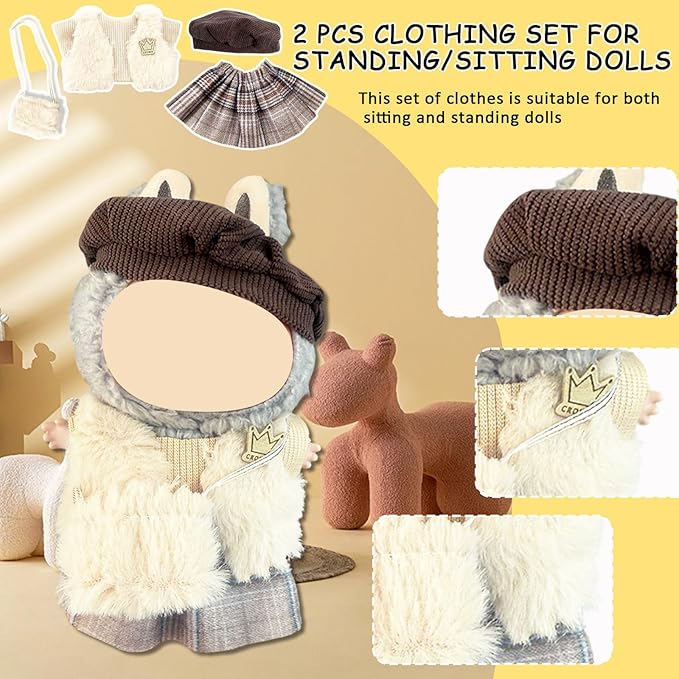 Doll Clothes for Labubu,Cute Outfit for 17cm Doll Clothe 2/3PCS Clothes and Hats Stylish Dolls Clothe for 17 cm Labubu,Casual Style Costumes for Labubu Dolls (Brown hat Set)