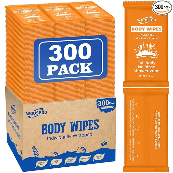 300 Pcs Ultra Thick Soft Large Body Wipes Individually Wrapped(7.87" x 9.45"),Shower Wipes for Adults Bathing No Rinse,Personal Cleansing Wipes for Travel Gym,Bulk Deodorant for Homeless(Orange)