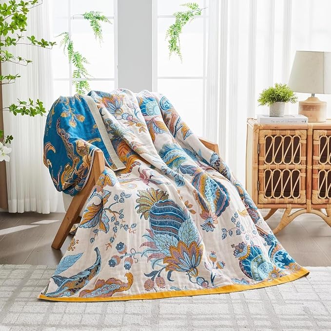 Boho Throw Blanket for Bed 100% Cotton Bohemian Blankets Ultra Soft Woven Muslin Decorative Blankets All Seasons Vintage Quilt Knitted Blanket for Sofa Chair(Beige, 60"x80")