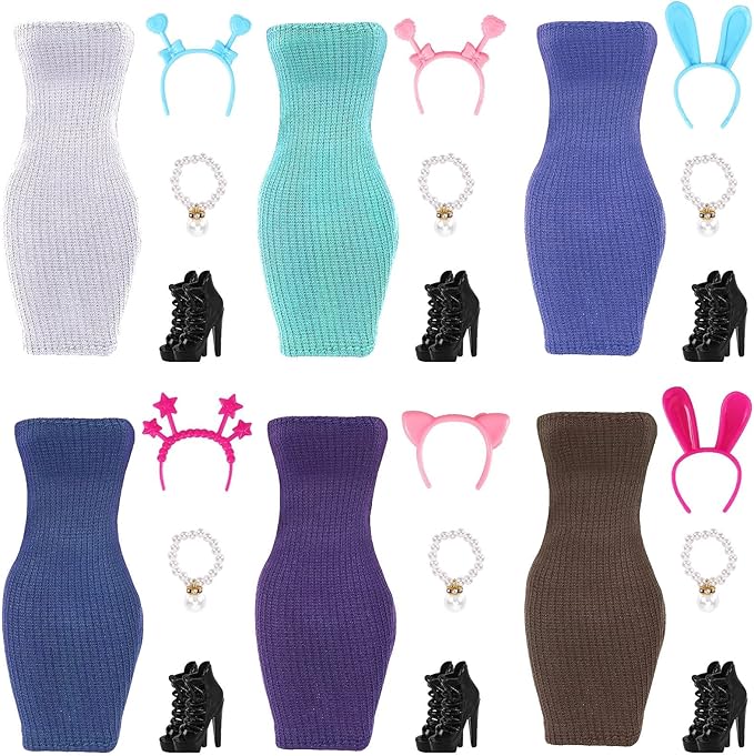 UPINS 6 Sets Doll Clothes Girls Doll Accessories for 11.5 Inch Doll Include Summer Dress Necklace Headband Shoes Regular Outfit Doll Clothing Girl Birthday Gift