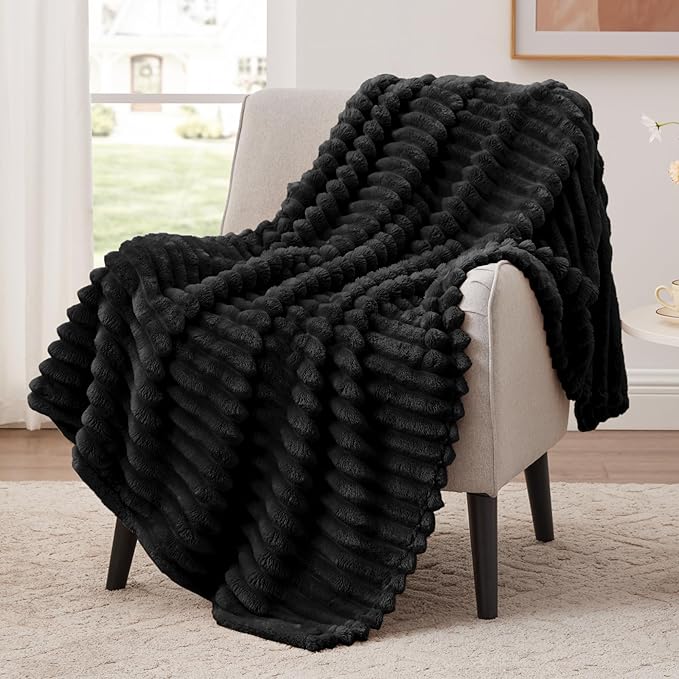 EXQ Home Fleece Blanket Twin Size for Couch or Bed - 3D Stripe Jacquard Decorative Blankets - Cozy Soft Lightweight Fuzzy Flannel Blanket Suitable for All Seasons(60"×80",Black)