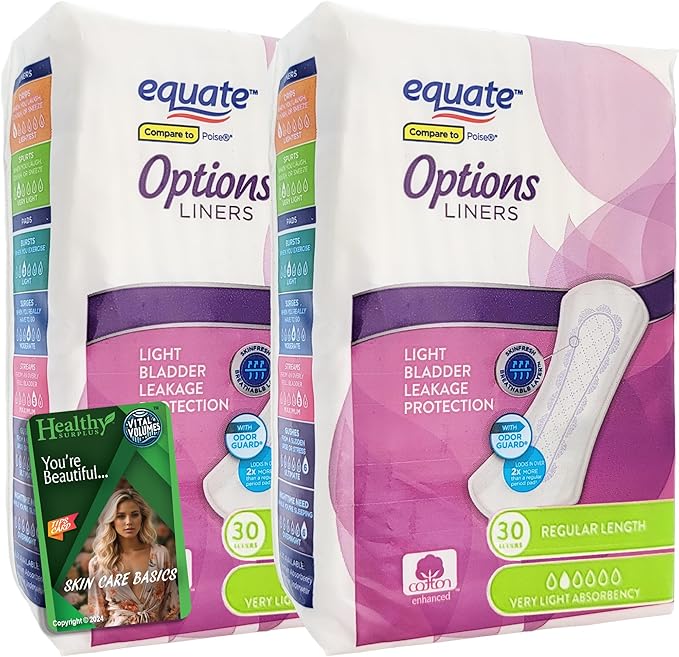 Equate Options Liners - 2 Packs of 30 (60 Total) - Light Bladder Leakage Protection - Regular Length and Vital Volumes Tips Card