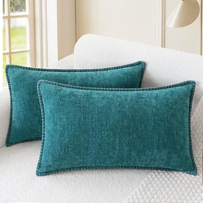 CaliTime Decorative Couch Throw Pillow Covers 20 X 12 Inches Teal | Pack of 2, Cozy Chenille Cushion Cases, Cotton Thread Stitching Edges, for Sofa Bed Living Room Farmhouse