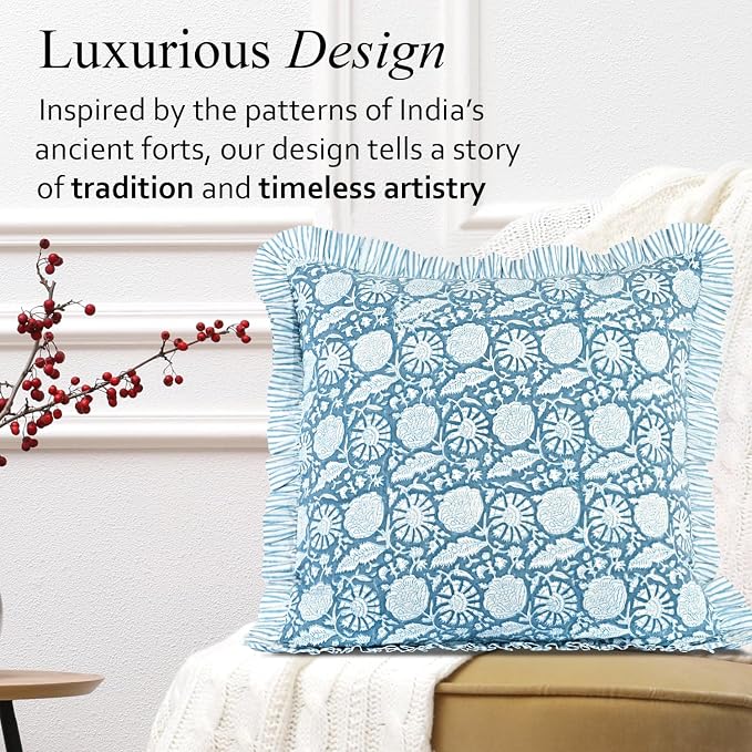 CPC Blue Meadow Hand Block Print 100% Cotton Ruffle Throw Pillow Cover 20x20 inch with Hidden Zipper Decorative for Couch, Bed, Sofa, Farmhouse, Cottagecore Decor Gift Christmas Fall Thanksgiving