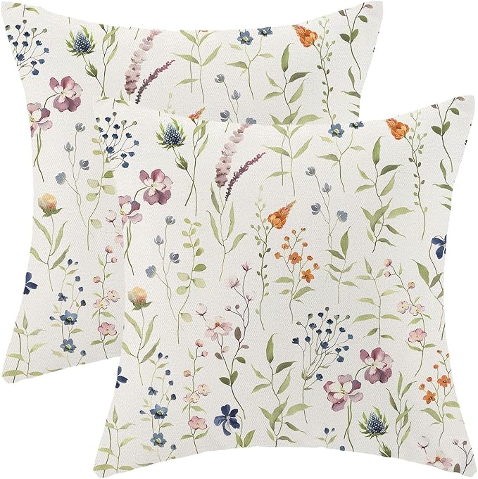 AEIOAE Spring Pillow Covers 18x18 Inch Set of 2, Sage Green Colorful Wild Flower Throw Pillows Case,Seasonal Floral Plant Outdoor Decorative Farmhouse Decor Cushion Covers for Sofa Bed Couch