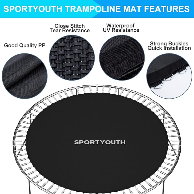SPORTYOUTH Trampoline Replacement Mat, Fits 12ft 14ft 15ft Round Trampolines Frame with 72/88/96 V-Rings Using 5.5/6.5/7 in Springs, Water-Resistant, UV Resistant, Good Jumping Bounce