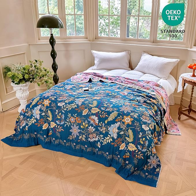 MSGKV Boho Throw Blanket 60"x80" 100% Cotton Twin Floral Throw for Couch | 100% Cotton Throw, Twin Floral Pattern, Reversible Woven, Summer Breathable, Lightweight, Home Decor, Machine Washable