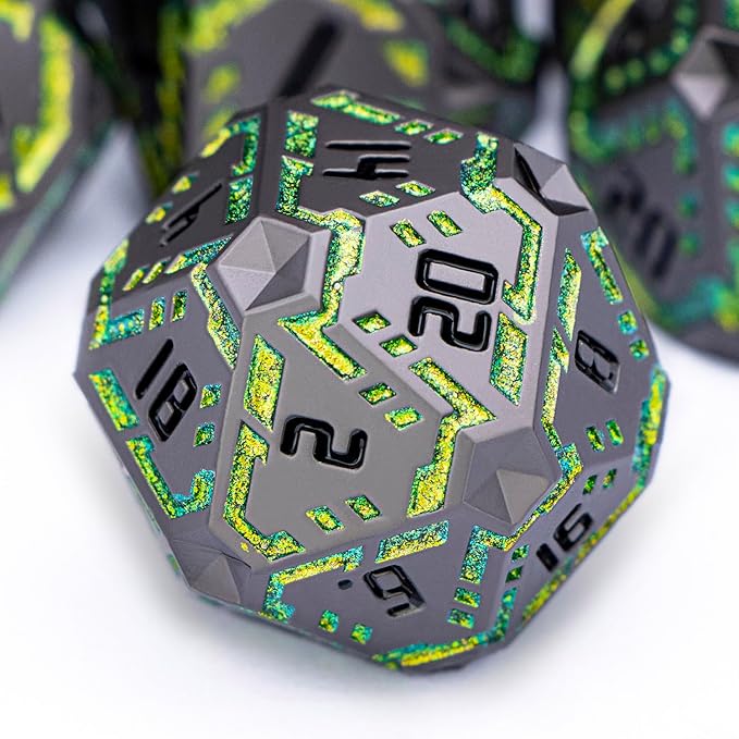 Metal DND Sci-fi Dice Set 7PCS Stripe Polyhedral Dice for Dungeons Dragons RPG Role Playing Game, Glitter D and D Dice with Gift Box D6 D8 D10 D12 D20 (Black&Green Yellow)