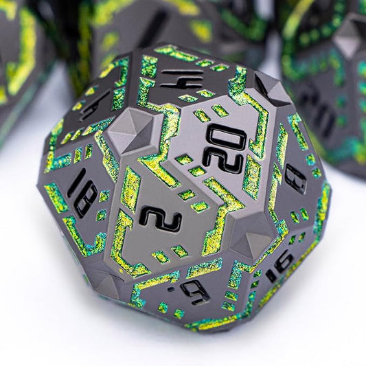 Metal DND Sci-fi Dice Set 7PCS Stripe Polyhedral Dice for Dungeons Dragons RPG Role Playing Game, Glitter D and D Dice with Gift Box D6 D8 D10 D12 D20 (Black&Green Yellow)