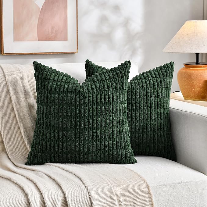 Fancy Homi Set of 4 Green Spring Decorative Throw Pillow Covers 12x12 Inch for Couch Bed Chair, Aesthetic Rustic Boho Room Decor, Soft Fuzzy Double Sided Thick Corduroy Textured Cushion Case 30cm