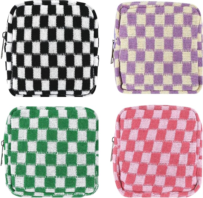 4 PCS Sanitary Napkin Storage Bag, Menstrual Pad Zipper Period Pouch Portable Period Bag Panty Liners, Pad Pouch with Zipper for Women Ladies Daily Use Purse Travel(Checkered,4 Colors)