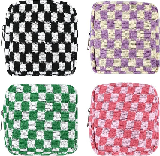 4 PCS Sanitary Napkin Storage Bag, Menstrual Pad Zipper Period Pouch Portable Period Bag Panty Liners, Pad Pouch with Zipper for Women Ladies Daily Use Purse Travel(Checkered,4 Colors)