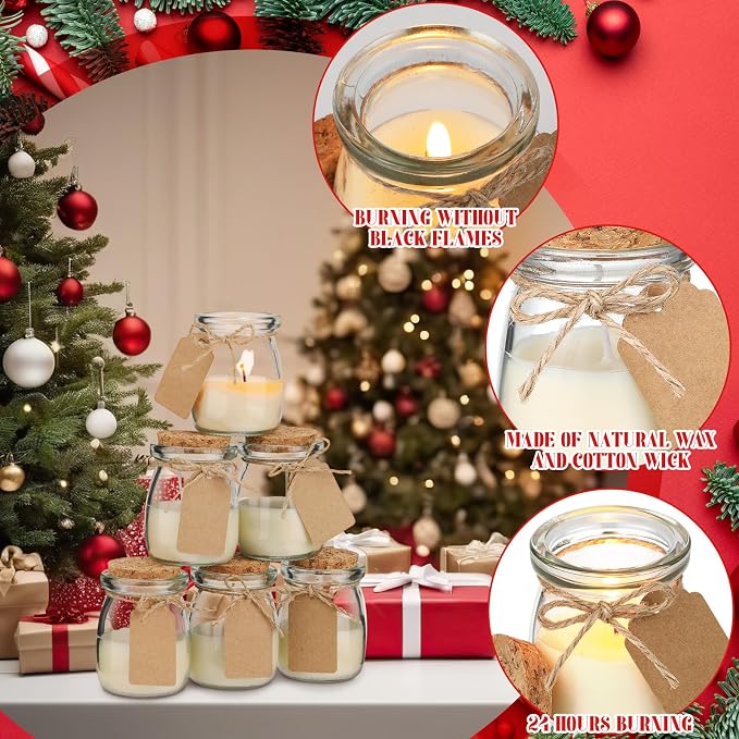 MTLEE 24 Pcs Christmas Jar Candles Thanksgiving Candles Natural Wax Jar with DIY Tag Cards Holiday Gift for Christmas Friendsgiving Party Favor Home Decor, Scents of Pine/Pumpkin/Misty Forest/Berries