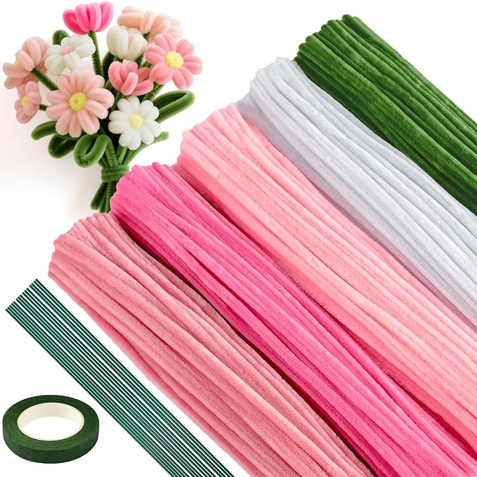 ASTARON 521 Pcs Pipe Cleaners Craft Set, 5 Colors Pipe Cleaners Bulk Pastel Chenille Stems for Craft Pipe Cleaner Flowers Making Kit with Floral Wires, Gardening Tape (Pink Series)