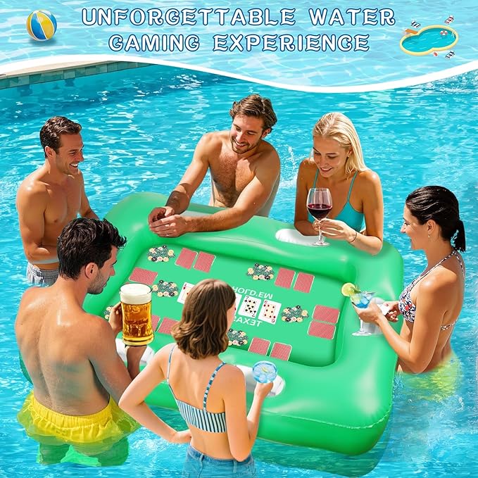 Large Floating Table for Pool Game with Waterproof Playing Cards, 53.5 x 38 in Floating Card Table for Pool with Food Drink Holders, Inflatable Floating Pool Game Table for Adults Family Party