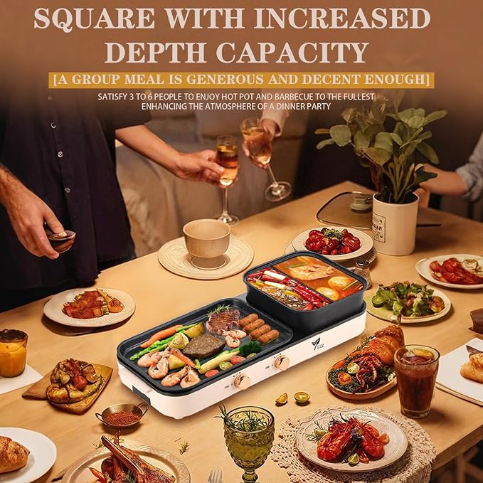 2026 Electric Hot Pot with Grill,2-10 People Indoor Hot Pot 2 in 1 Multi-function Smokeless Shabu-Shabu Hotpot Korean BBQ Grill for Simmer,Separate Dual Temperature Contral