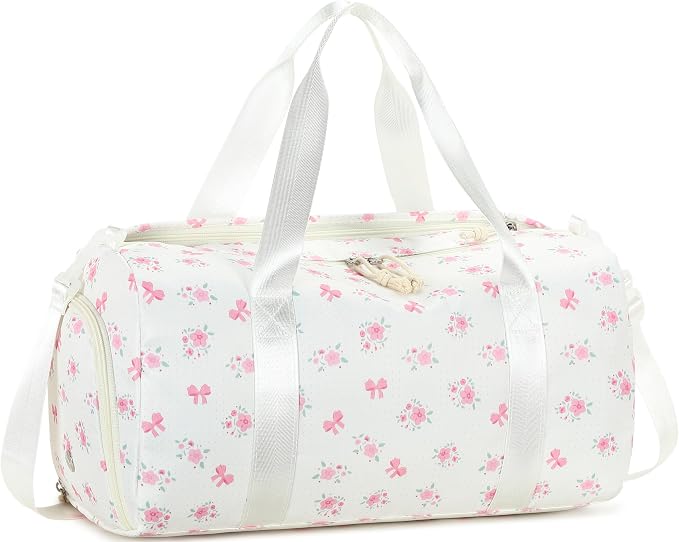 Gym Bag Sports Duffle Bag with Wet Pocket Weekender Overnight Bags with Waterproof Shoe Pouch and Air Hole for Girls Kids Women Workout Travel Bags (Bow Flower-Beige)