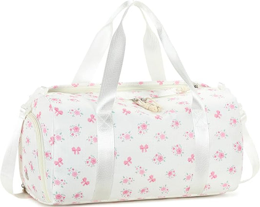 Gym Bag Sports Duffle Bag with Wet Pocket Weekender Overnight Bags with Waterproof Shoe Pouch and Air Hole for Girls Kids Women Workout Travel Bags (Bow Flower-Beige)
