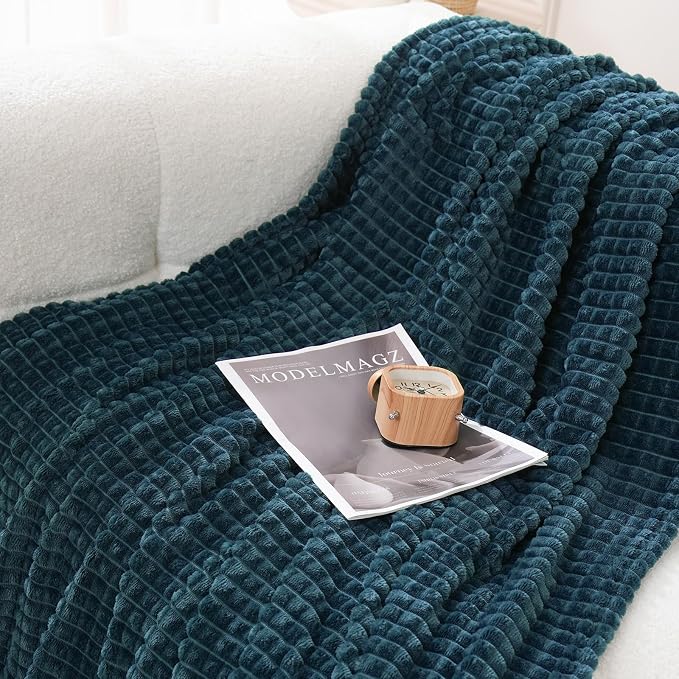 Puncuntex Fleece Throw Blanket Dusty Blue 50"×60" with Square Grid Design | Super Soft Plush Cozy Flannel Throw Blanket Luxury for Couch Sofa Chair