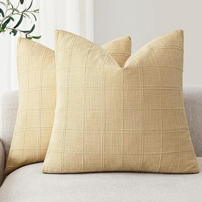 Foindtower Set of 2 Decorative Linen Check Throw Pillow Covers Neutral Farmhouse Vintage Cushion Covers Modern Boho Accent Home Decor for Sofa Chair Couch Bedroom Living Room,20×20 Inch,Light Yellow