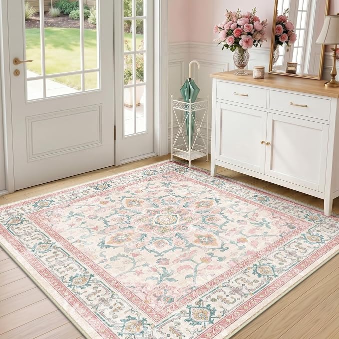 CAPALOCA Square 4ft Washable Nursery Girls Low Pile Area Rug Pink Teal | Non-Slip Soft Rugs for Bedroom Kids Playroom Living Room, Print Pattern Water Repellent Carpet Indoor Decor