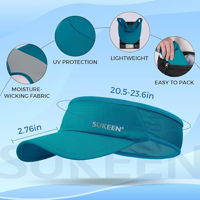 Sukeen Lightweight Sports Sun Visor Hat for Men Women | Packable, breathable, quick-dry, UPF50+ cooling visor hat, stretch fit, for running, tennis, golf, pickleball, softball