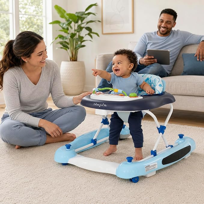 Dream On Me Go-Getter Baby Walker with Rear Push Handle, 2-in-1 Activity Walker and Walk-Behind, 3 Height Adjustments, Easy to Fold, Machine-Washable Seat Pad, Detachable Fun Tray, Blue