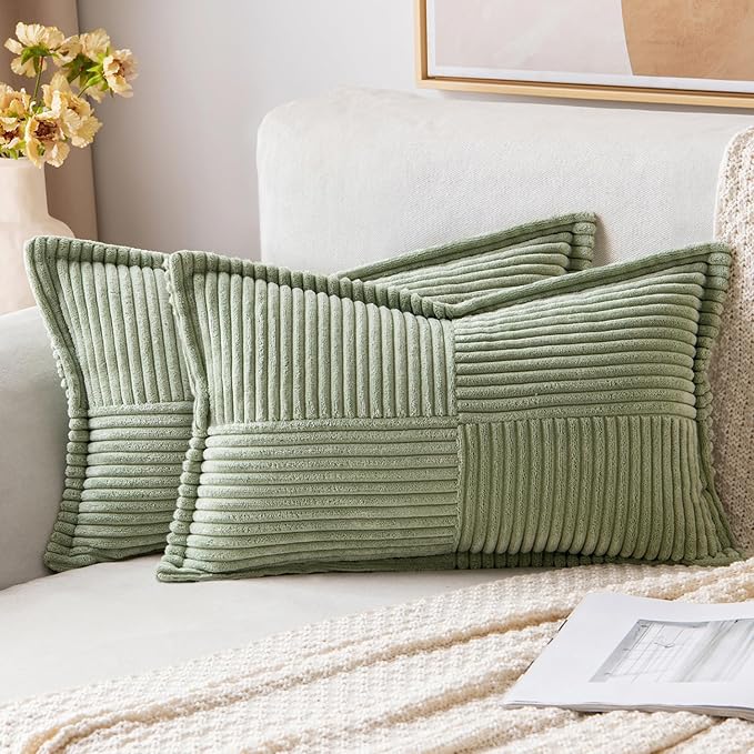 MIULEE Decorative Lumbar Throw Pillow Covers 12x20 Inch Sage Green 2 Pack | Boho Broadside Striped Patchwork Pillow Covers, Soft Corduroy Cushion Cases, For Couch Sofa Bed Livingroom Home Decor