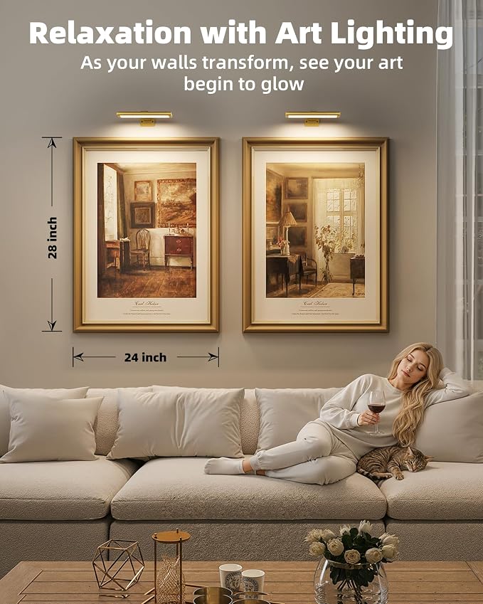EZVALO Picture Light for Wall, Rechargeable 2400mAh Gold Lights Wireless with IR Remote, 3 Color & Dimmable Magnetic 7.87'' LED Lights Display for Painting, Living Room, Gallery, Bedroom Art (2P)