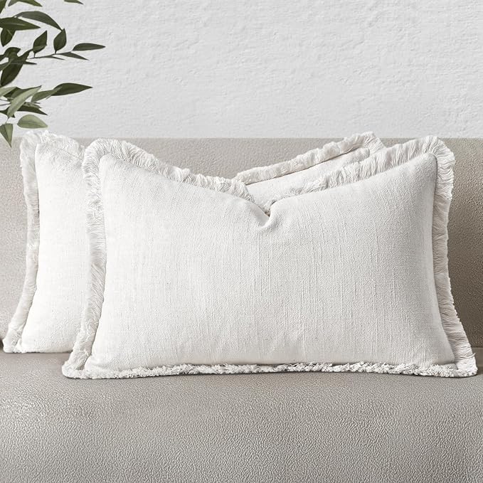 MIULEE Boho Linen Fringe Decorative Lumbar Throw Pillow Covers White 12x20 | Set of 2, Cottagecore Decor, Boho Farmhouse Neutral Pillow Covers, Rustic Couch Cushion Cases for Sofa Bed Living Room