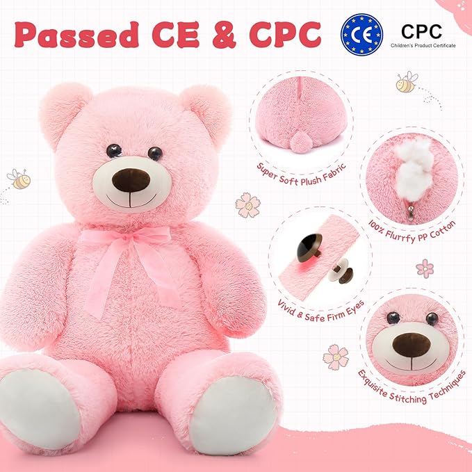 MorisMos Giant Teddy Bear Stuffed Animal 3ft-36 inch Big Pink Teddy Bear for Girlfriend Boyfriend Wife Mom Fiancée Valentine's Gift,Large Stuffed Bear for Baby Shower Birthday Christmas Decor,Pink
