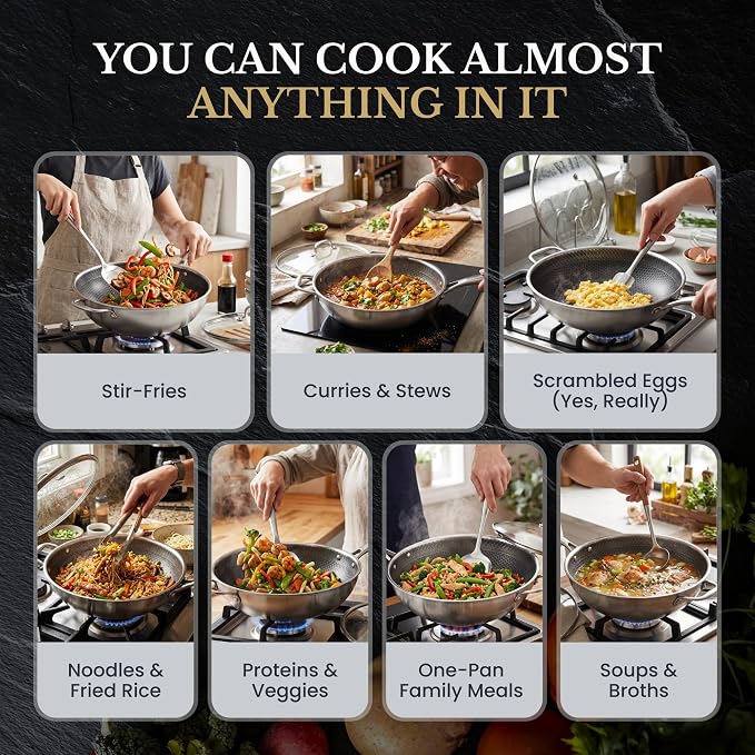 MUGAA® 12.5" Honeycomb Stainless Steel Wok with Lid Nonstick Induction Safe | Heavy-Duty Stir Fry Pan, Induction Compatible & Even Heat Distribution, PFOA-Free Non Toxic Cookware, Oven & Dishwasher Safe