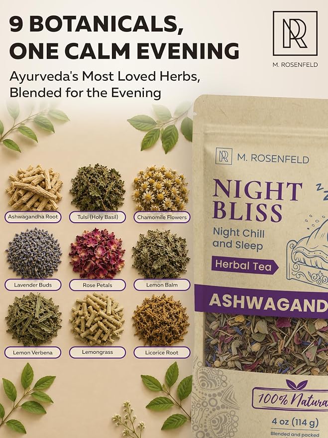 Night Bliss Tulsi Ashwagandha Tea Loose Leaf - Evening Ritual Herbal Blend for Sleep Support & Relaxation - Caffeine Free with Holy Basil, Chamomile, Lemongrass & Lavender, 4 oz