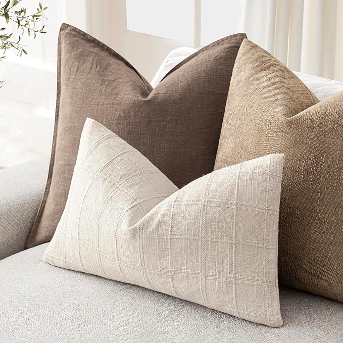 Foindtower Set of 2 Decorative Linen Check Throw Pillow Covers Neutral Farmhouse Lumbar Cushion Covers Modern Boho Home Decor for Sofa Chair Couch Bedroom Living Room,12×24 Inch,Natural Beige