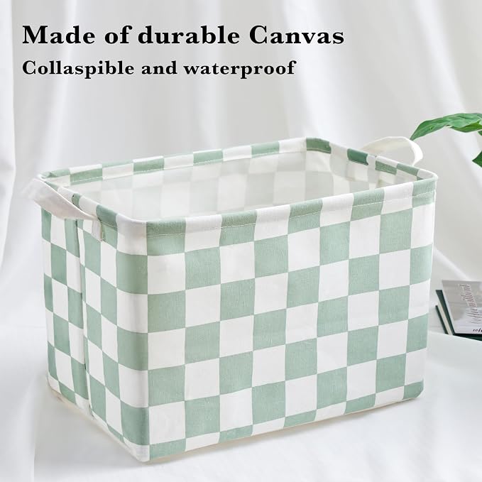 Ohocut Sage Green Checkered Canvas Basket, Rectangular Organizing Decorative Storage Basket for Kids, Dog Toy, Cute Aesthetic Checkered Room Decor for Home, Kitchen, Bedroom, Classroom, Shelves