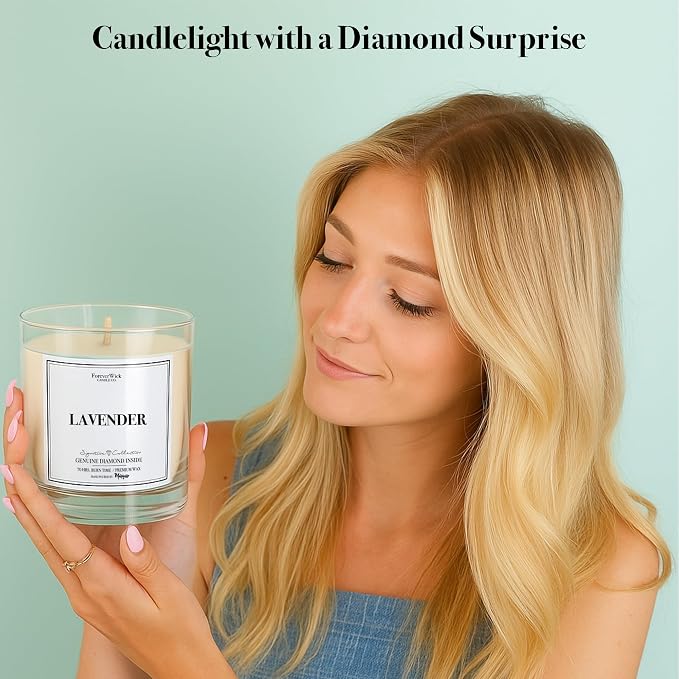 Lavender & Magnolia Surprise Candle with Diamond Inside | Foreverwick Candles | Scented Soy Candles Gifts for Women Aromatherapy Candle Wax | Romance Candles All-Natural Organic Soy Candle 14oz | 70h