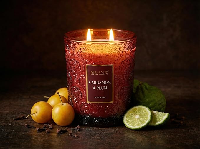Bellevue Luxury Candles, 12 OZ Soy Blend Candle, Embossed Glass, Fragrances formulated with Essential Oils, Home Fragrances, Scented Candles Gift Set ǀ Scent: Cardamom & Plum