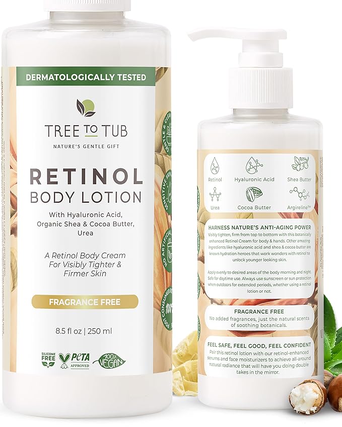 Tree To Tub Retinol Body Lotion - Hydrating Body Cream, Advanced Firming Cream w/Hyaluronic Acid & Shea Butter, Fragrance-Free Body Lotion for Crepey Skin for Older Women & Men