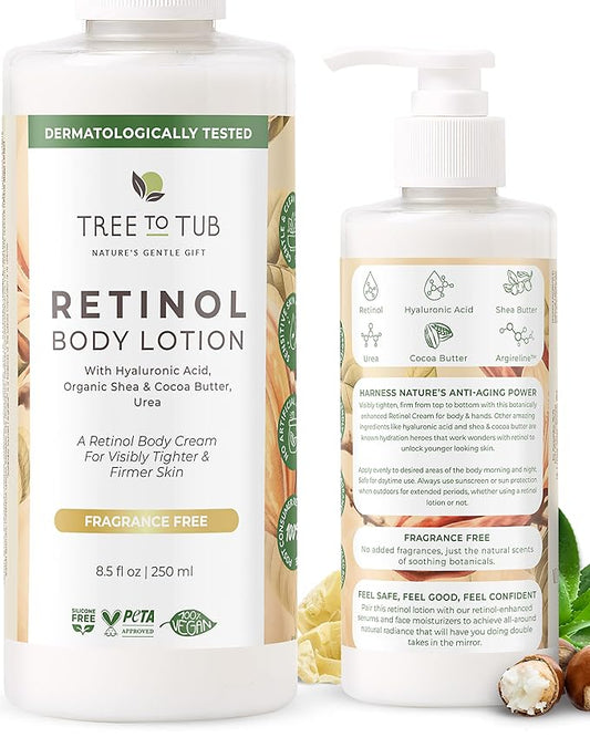 Tree To Tub Retinol Body Lotion - Hydrating Body Cream, Advanced Firming Cream w/Hyaluronic Acid & Shea Butter, Fragrance-Free Body Lotion for Crepey Skin for Older Women & Men